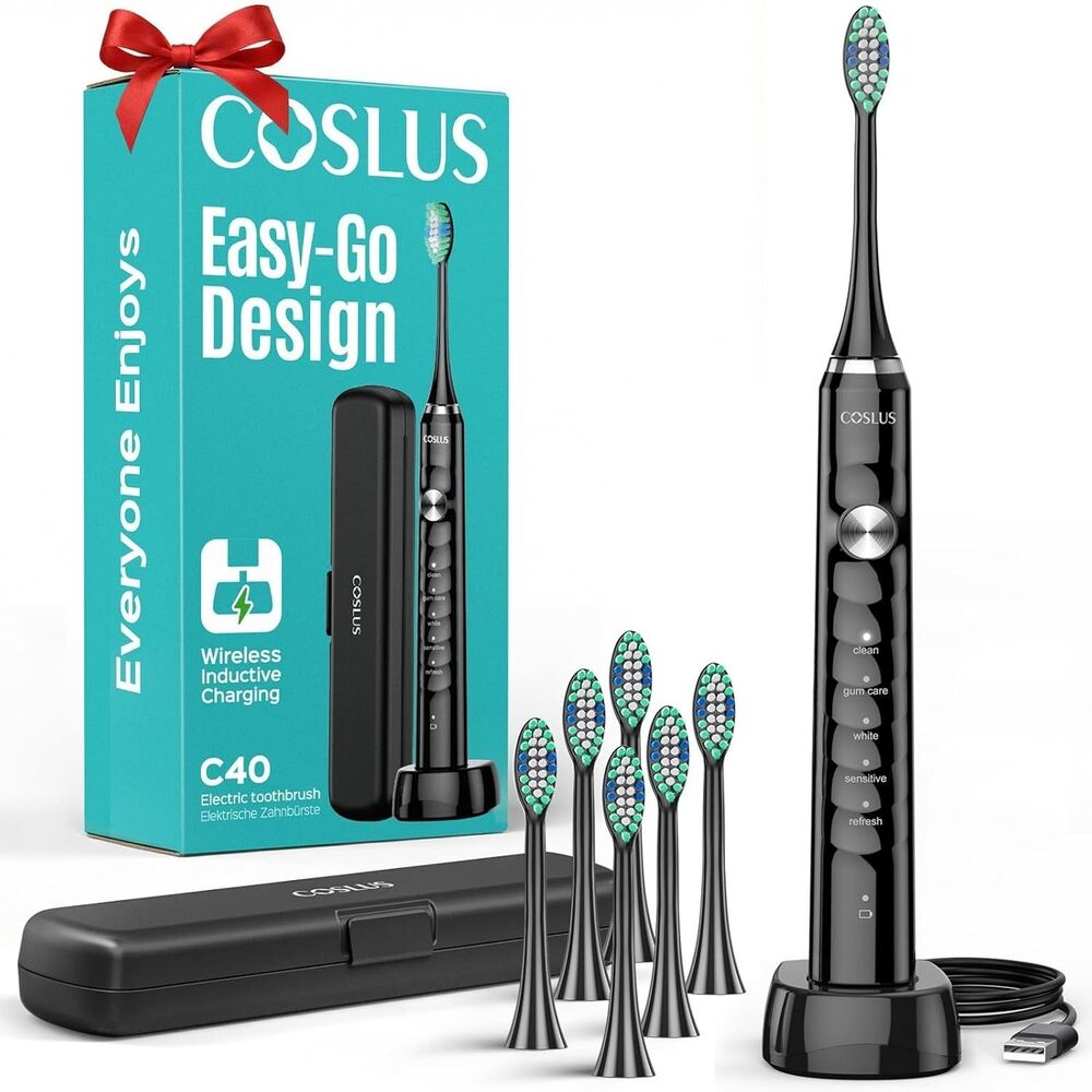 COSLUS Sonic C40 Electric Toothbrush Wireless Charging 5 Modes 6 Heads Black
